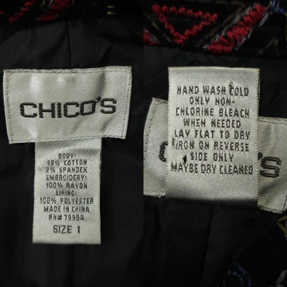 Chicos Black Velvet Embroidered Jacket Blazer 1 US M Boho Artsy Career Studded - Picture 8 of 16